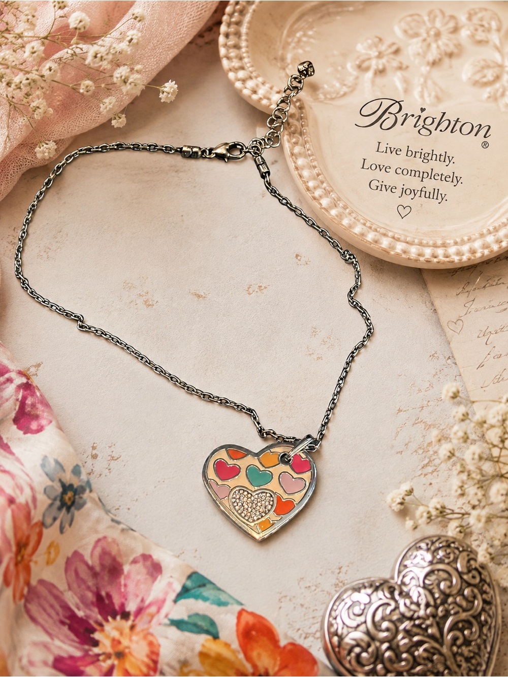 Brighton Multicolor Enamel Heart Pendant Necklace Crystal Silver Tone 19”